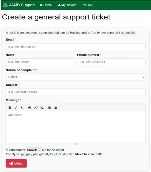 creating message on jamb support ticket website